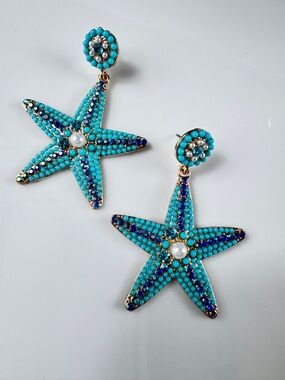 Zara Turquoise Starfish Drop Earrings - Blue Crystal & Pearl Accent
